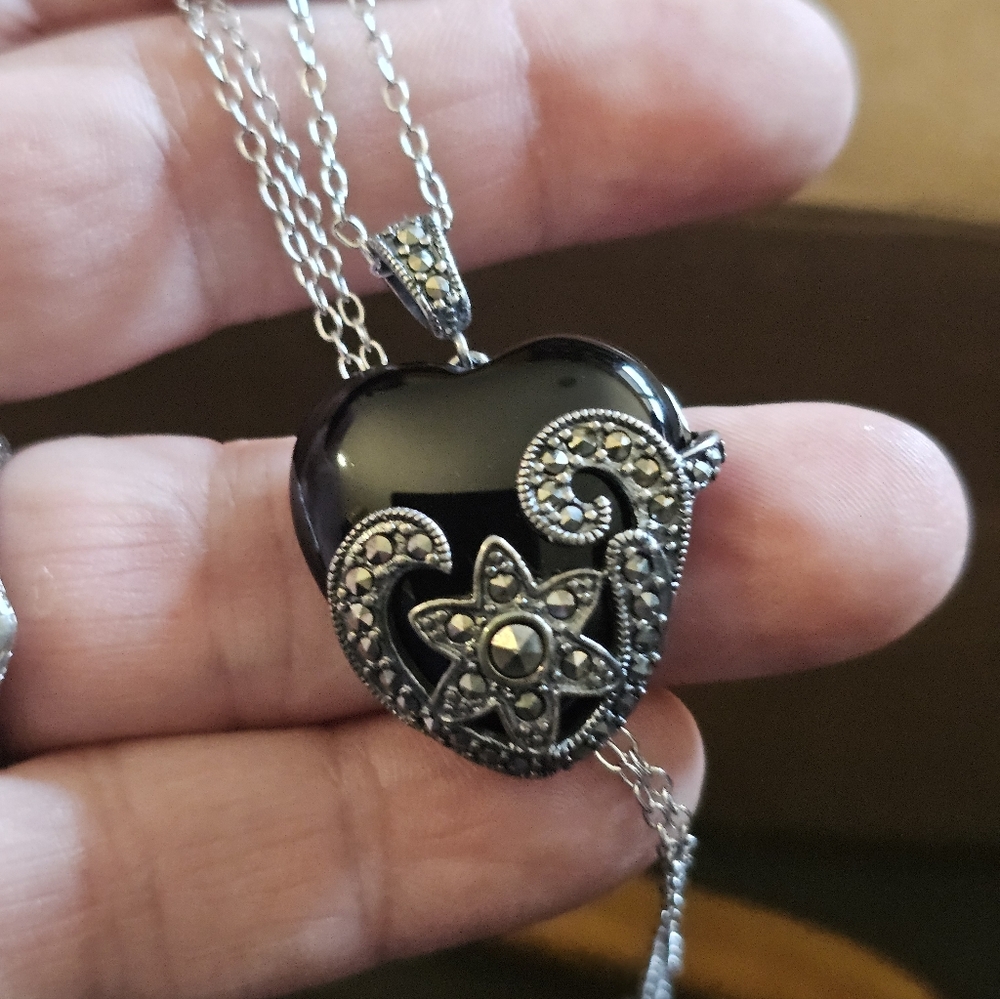 Black Heart Onyx Marcasite Pendant Necklace Filigree